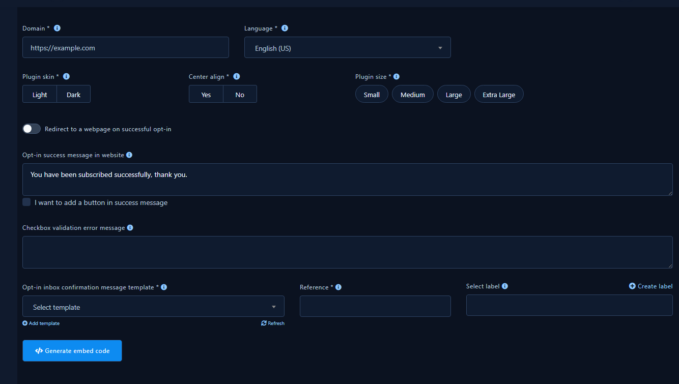 Checkbox form: domain, appearance, Generate Embed Code