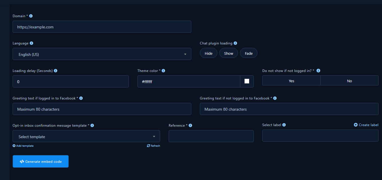 Customer Chat form: domain, color, greetings, embed button