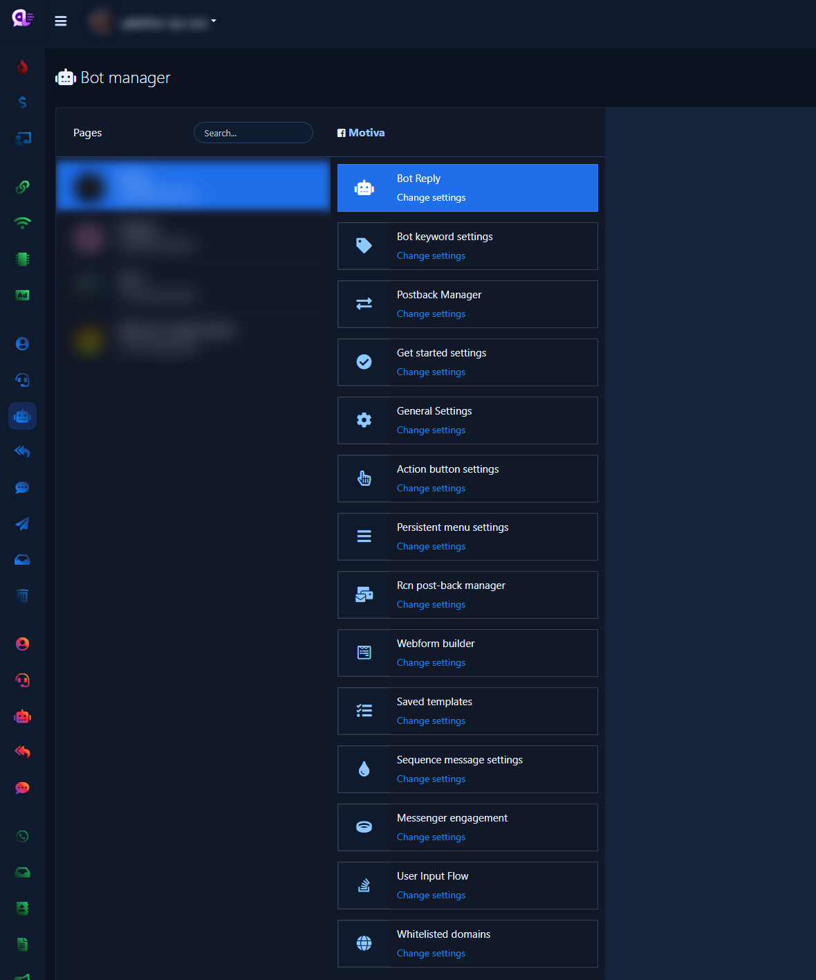 Overview: Facebook Pages and all Bot Manager cards for صفحة اختبار
