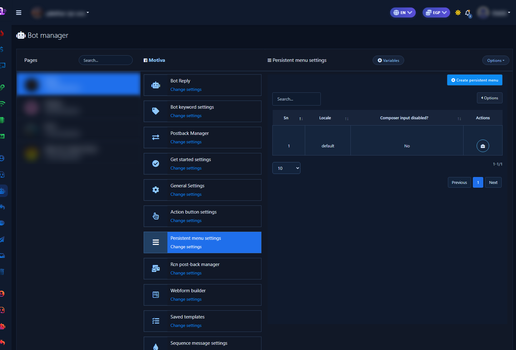 Persistent Menu Settings interior