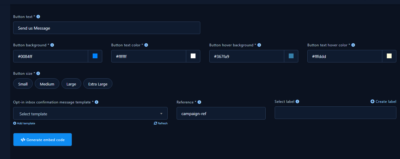 M.me Link form: button style, reference, embed button