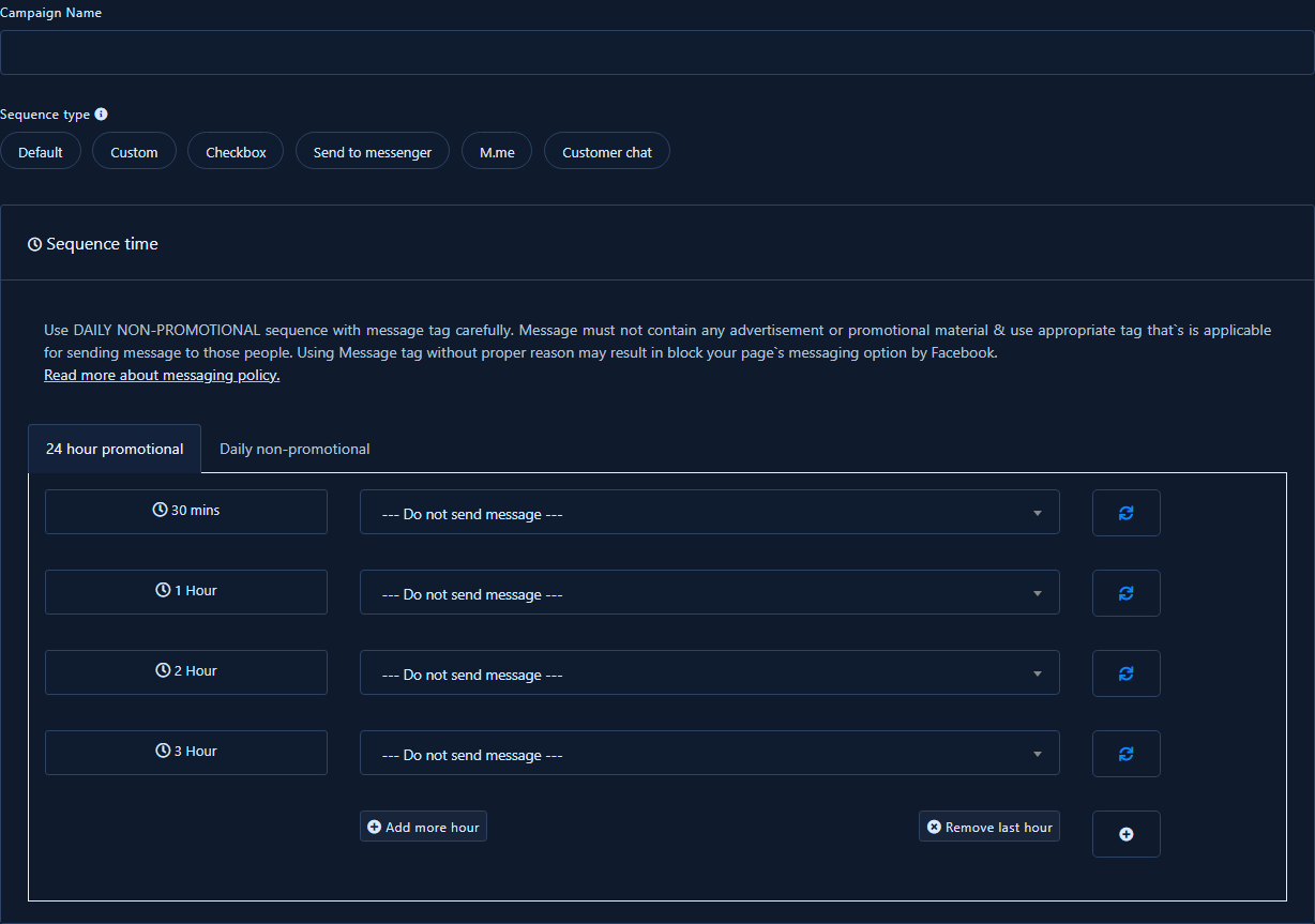 + Add sequence — Campaign Name, Sequence type, and Sequence time grid