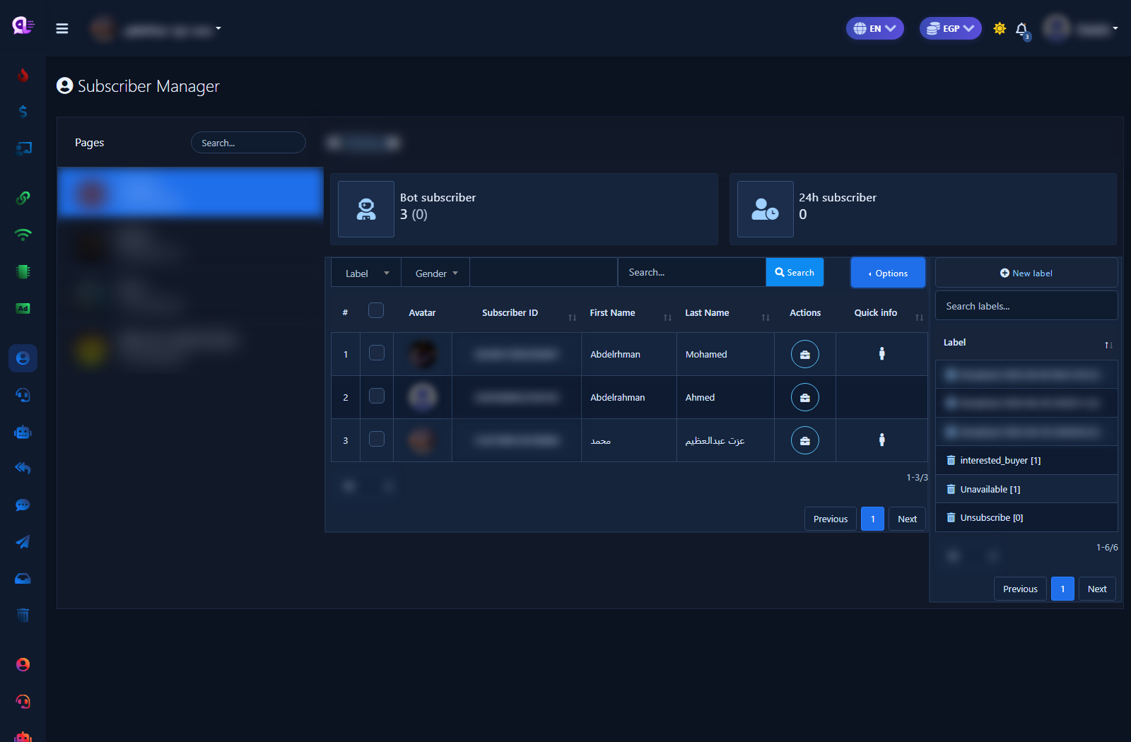 Subscriber Manager from the sidebar — stats and table