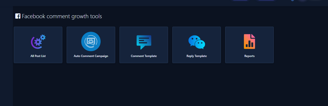 Facebook Comment Growth Tools hub with management cards
