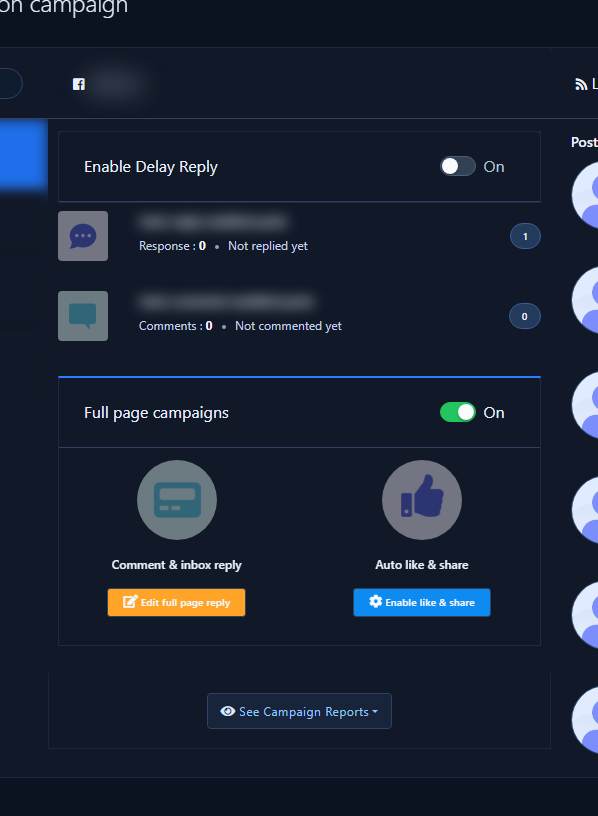 Full Page Campaigns block with Enable or Edit reply