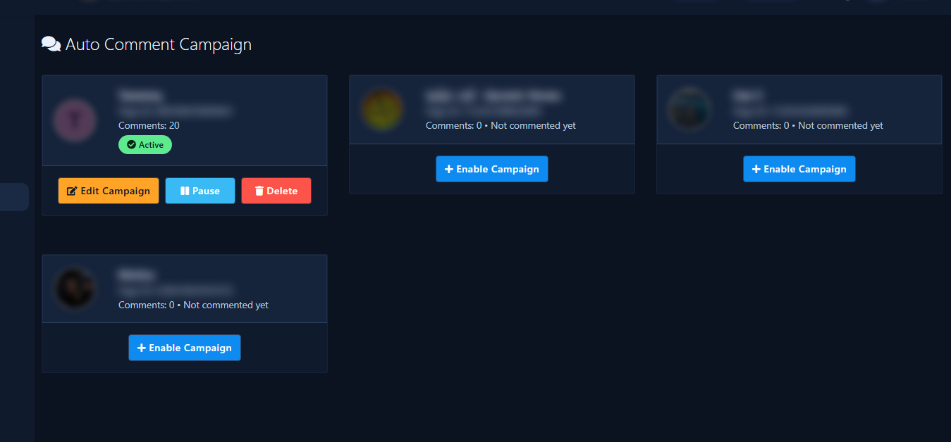 Auto Comment Campaign Page cards