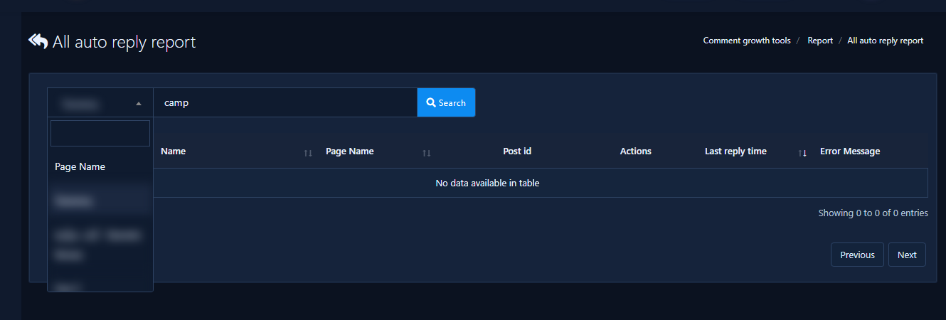 Page Name filter and Search box above the reports table