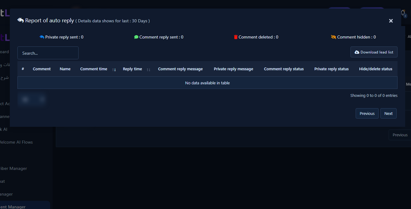 Report of Auto Reply modal with comment and reply details