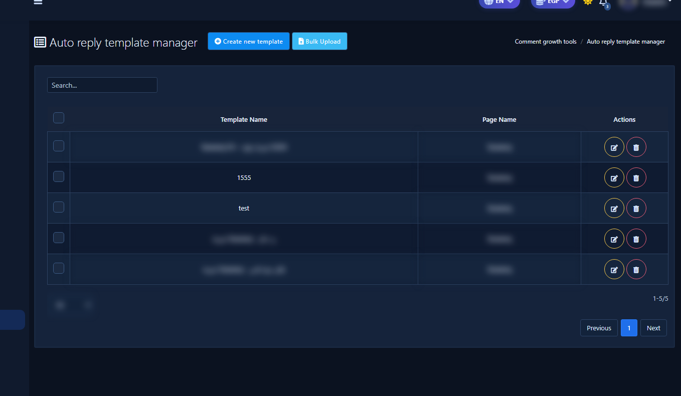 Auto reply template manager table with Create new template
