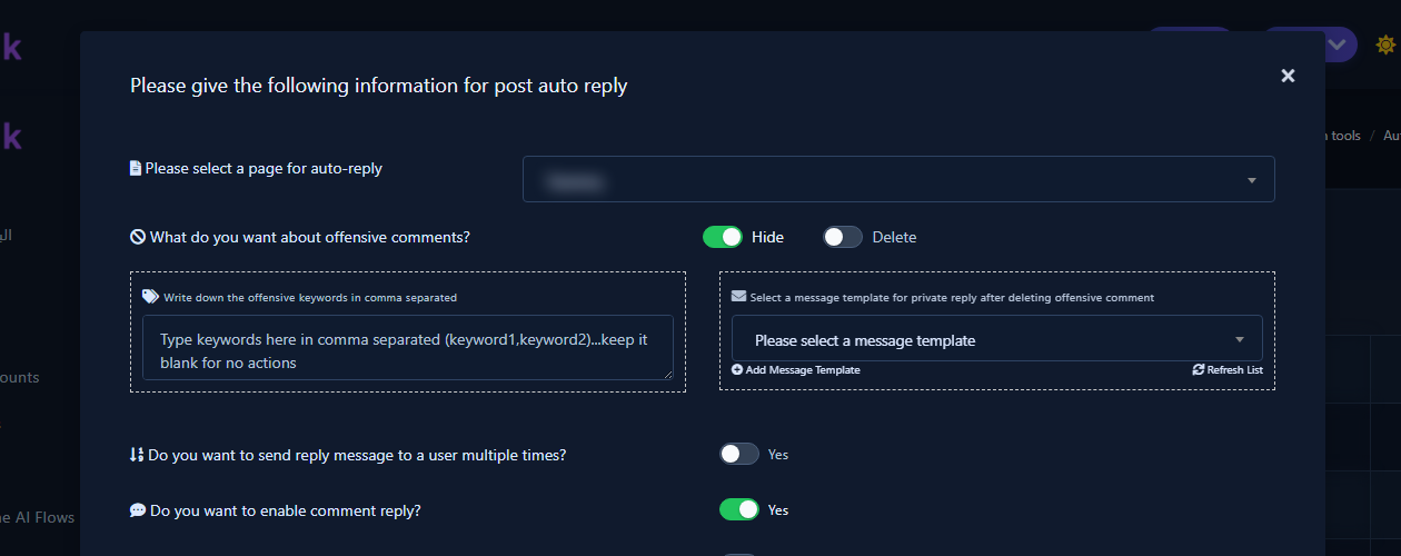 Create modal top: page select and offensive comments