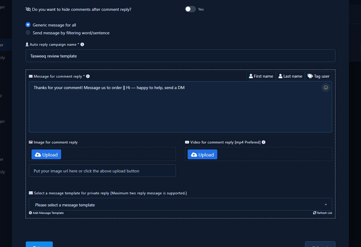 Generic reply mode with || variants and private template section
