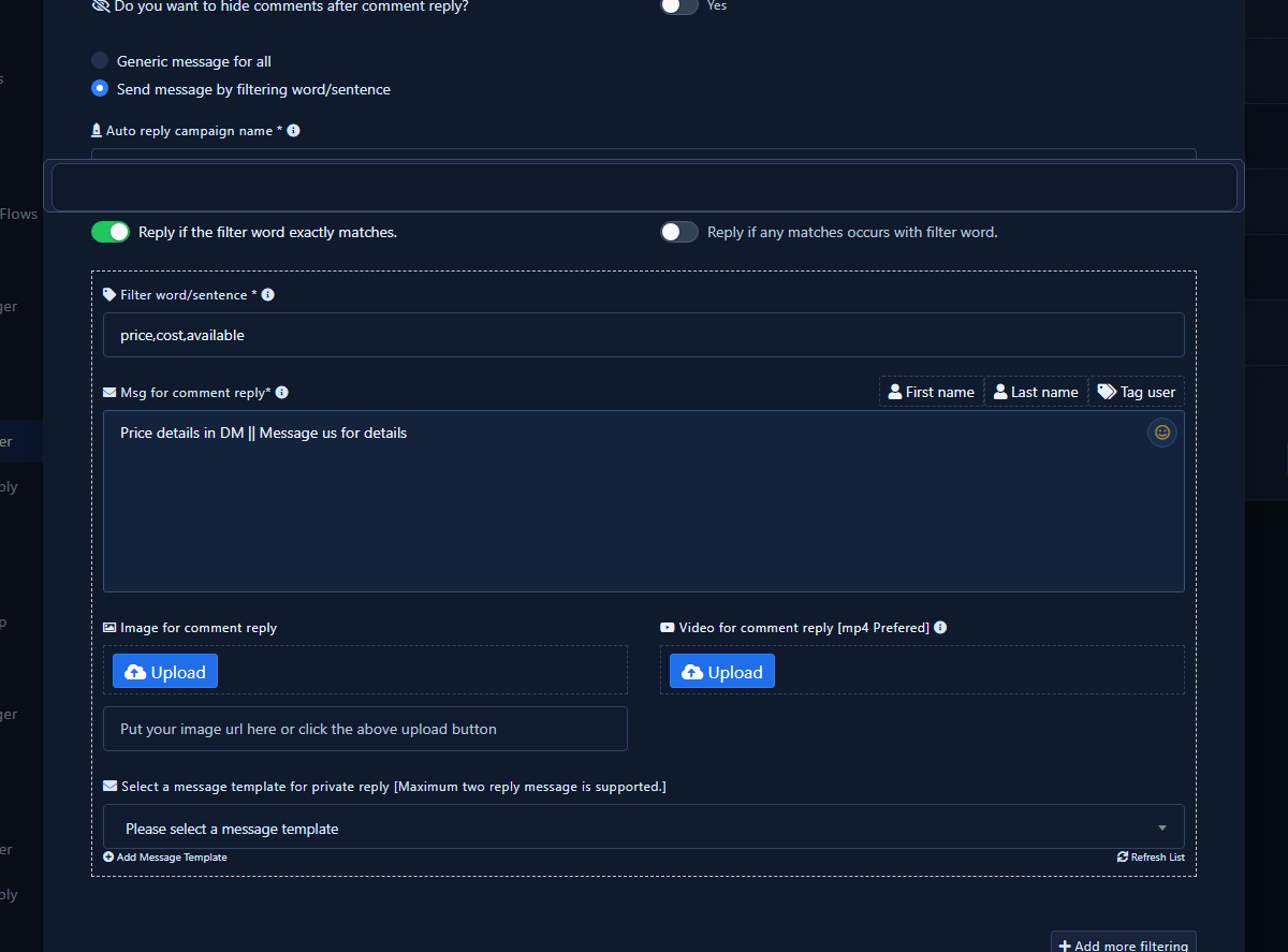 Keyword filter mode with word group and private template