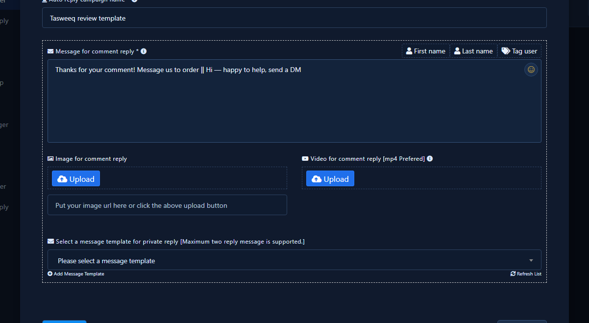 Private reply template select with Add Message Template