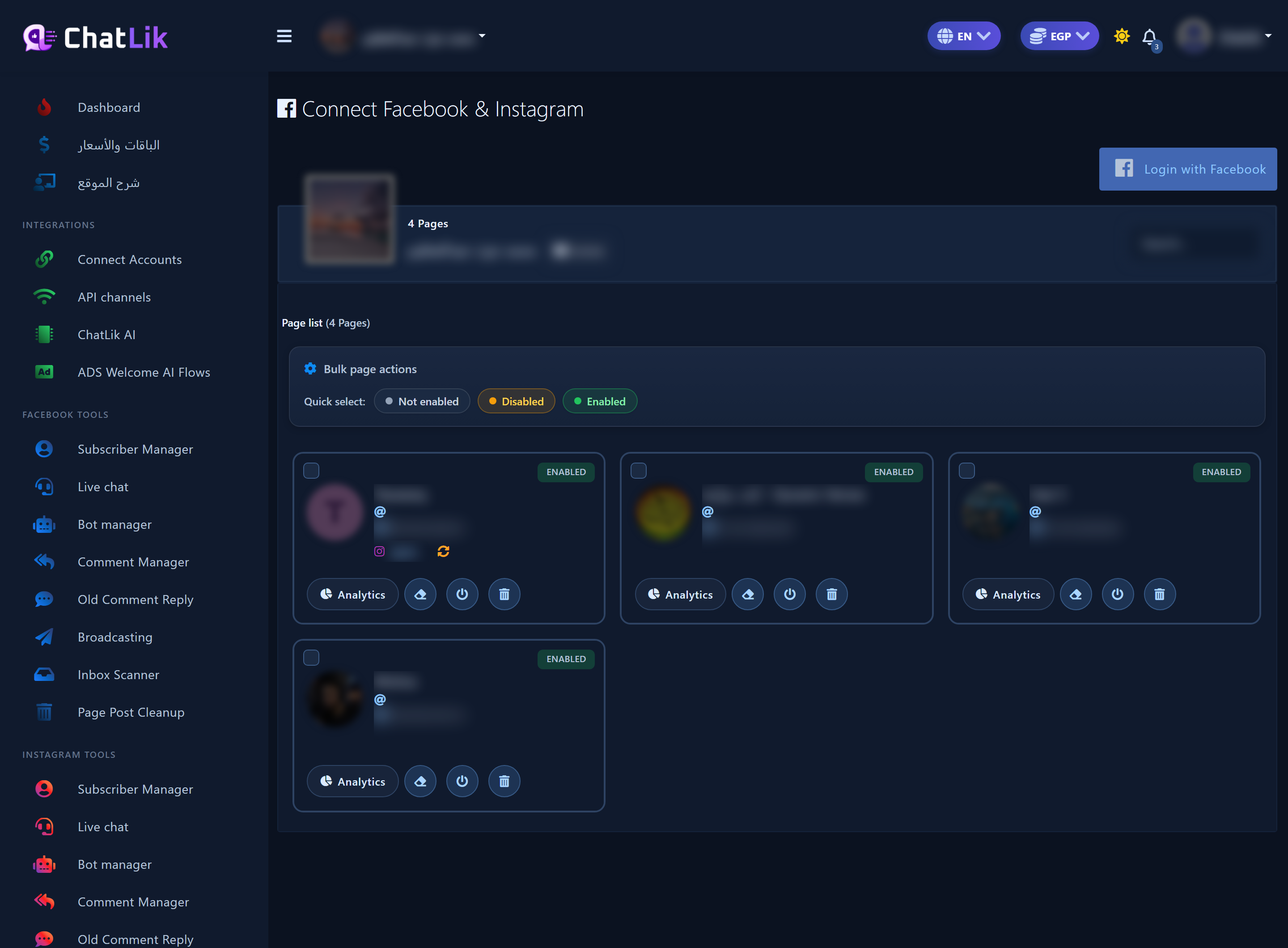 Overview: sidebar plus Connect Facebook & Instagram with Page cards