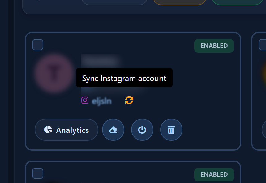 Instagram sync controls on the Page card