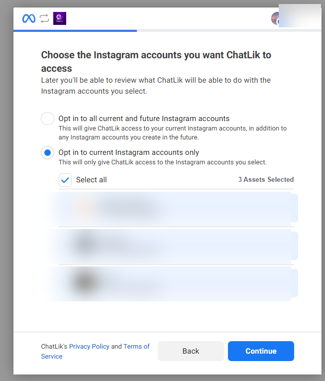 Choose Instagram accounts with the same scope options
