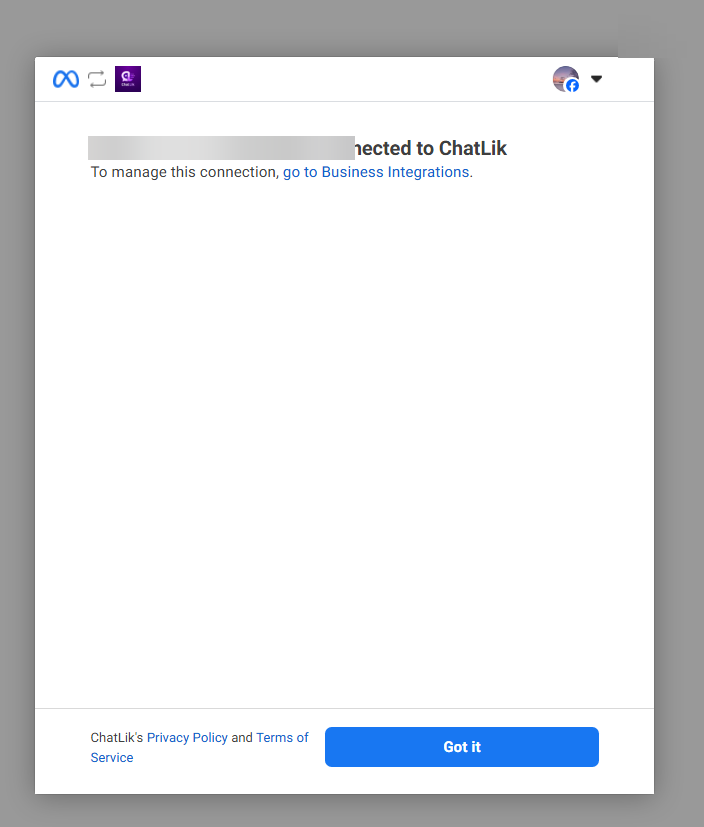 Connection confirmed — Got it returns you to ChatLike