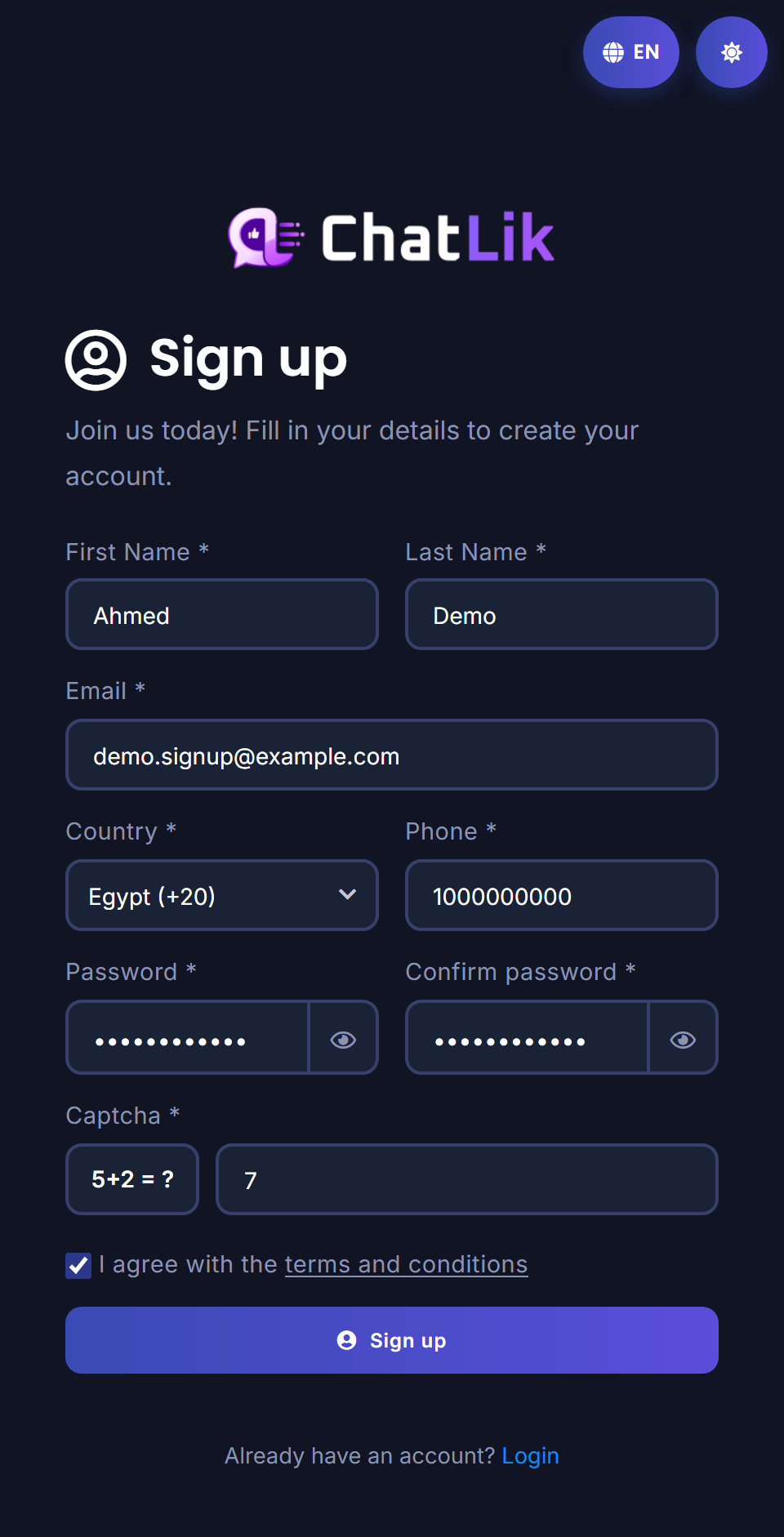 Sign-up form — name, email, country, phone, password, and captcha