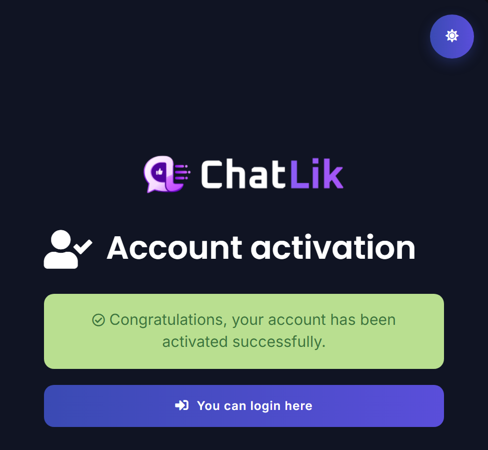 Account activation success — confirmation message and login button