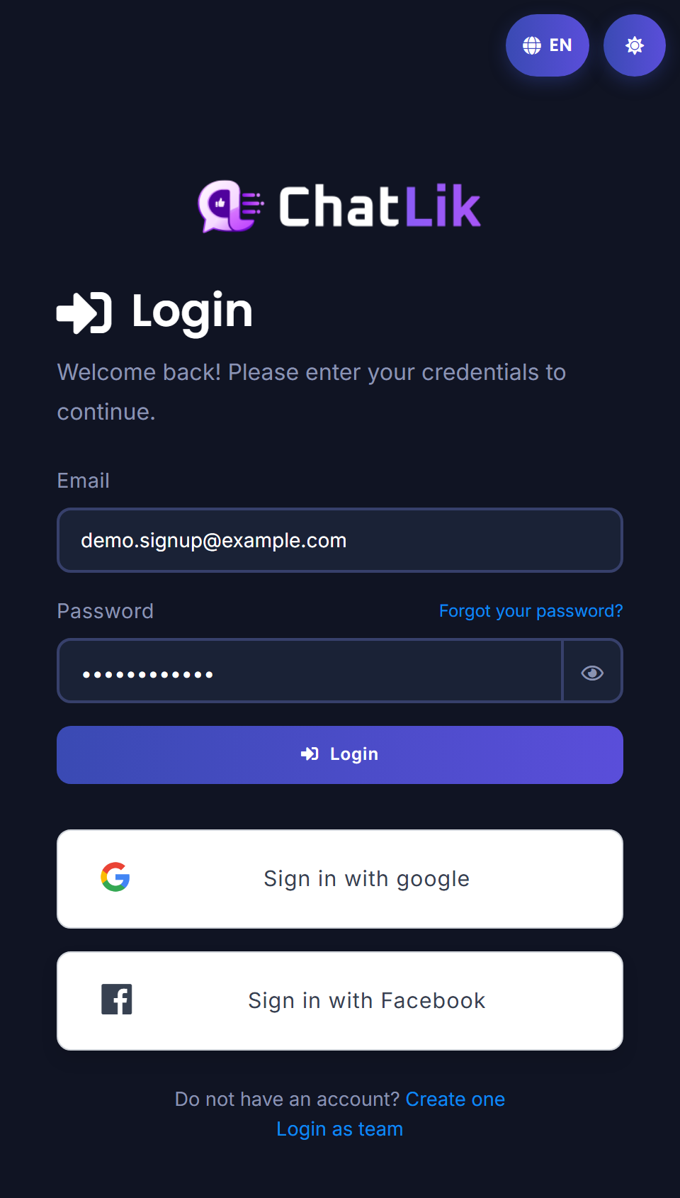 Login page — email and password