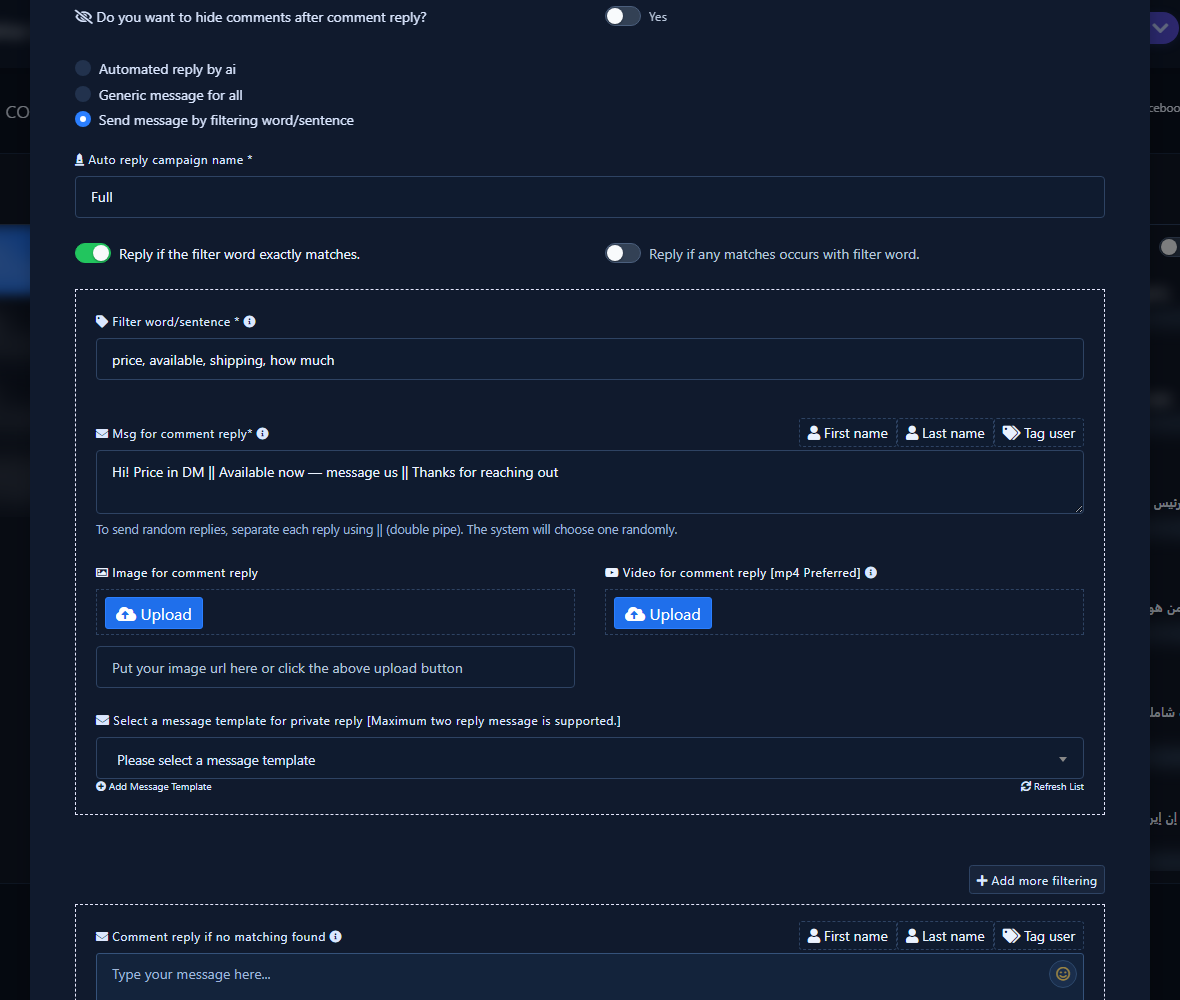 Filter mode with keywords and || replies