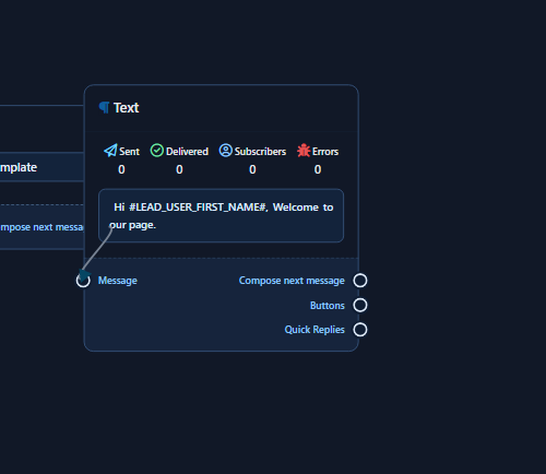 Zoomed Text node with welcome copy and Buttons/Quick Replies outputs