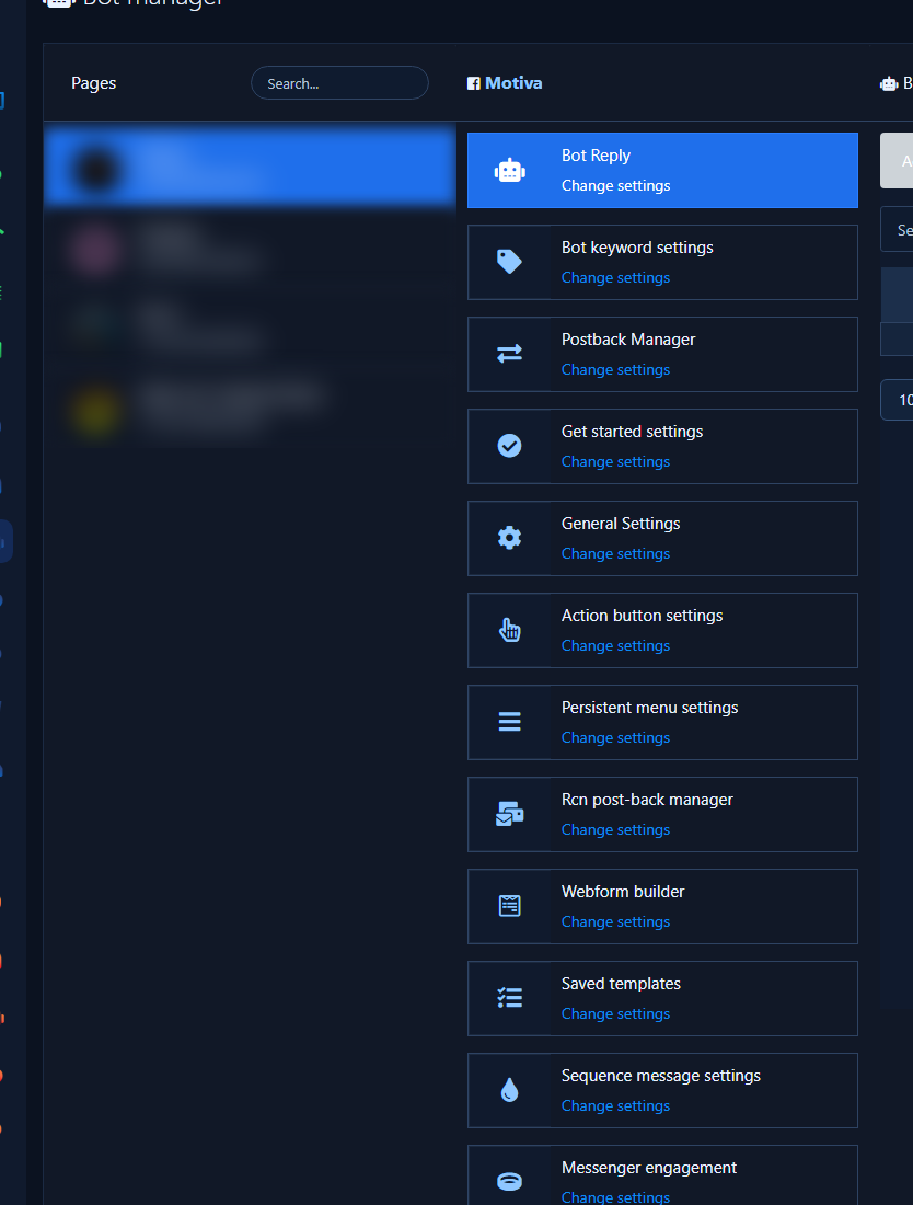 Bot Manager with settings cards for the selected Page