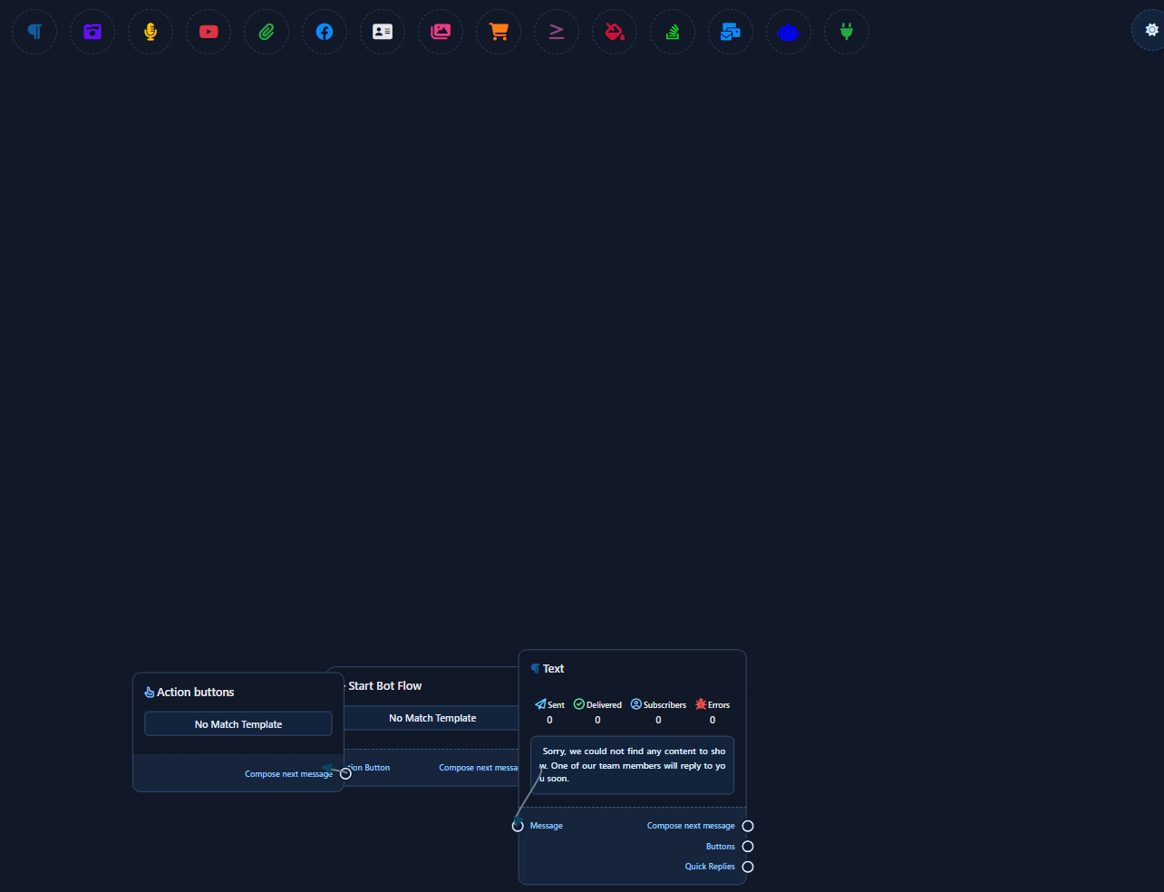 Visual Flow No Match editor with Text node
