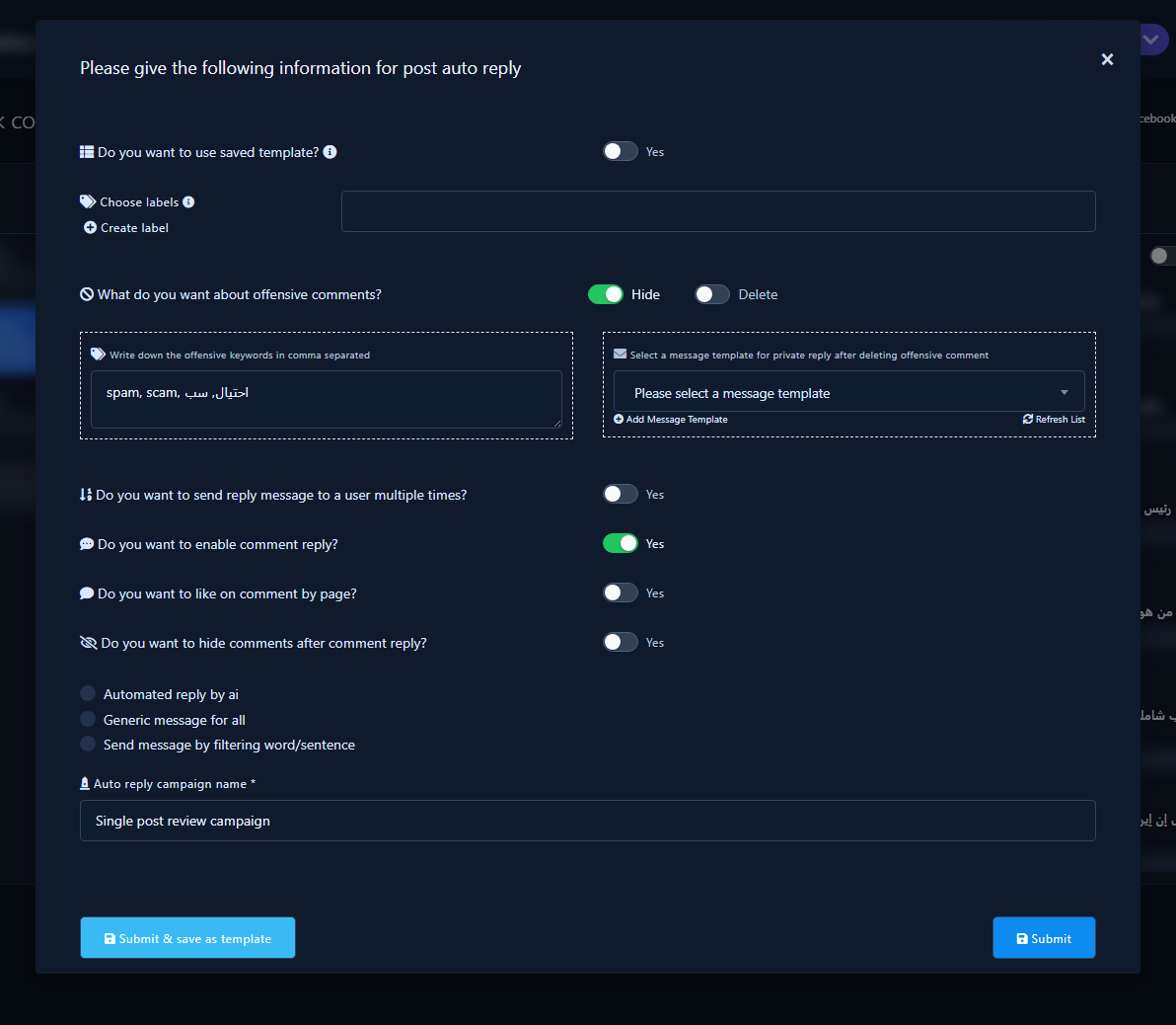 Full post auto-reply setup modal