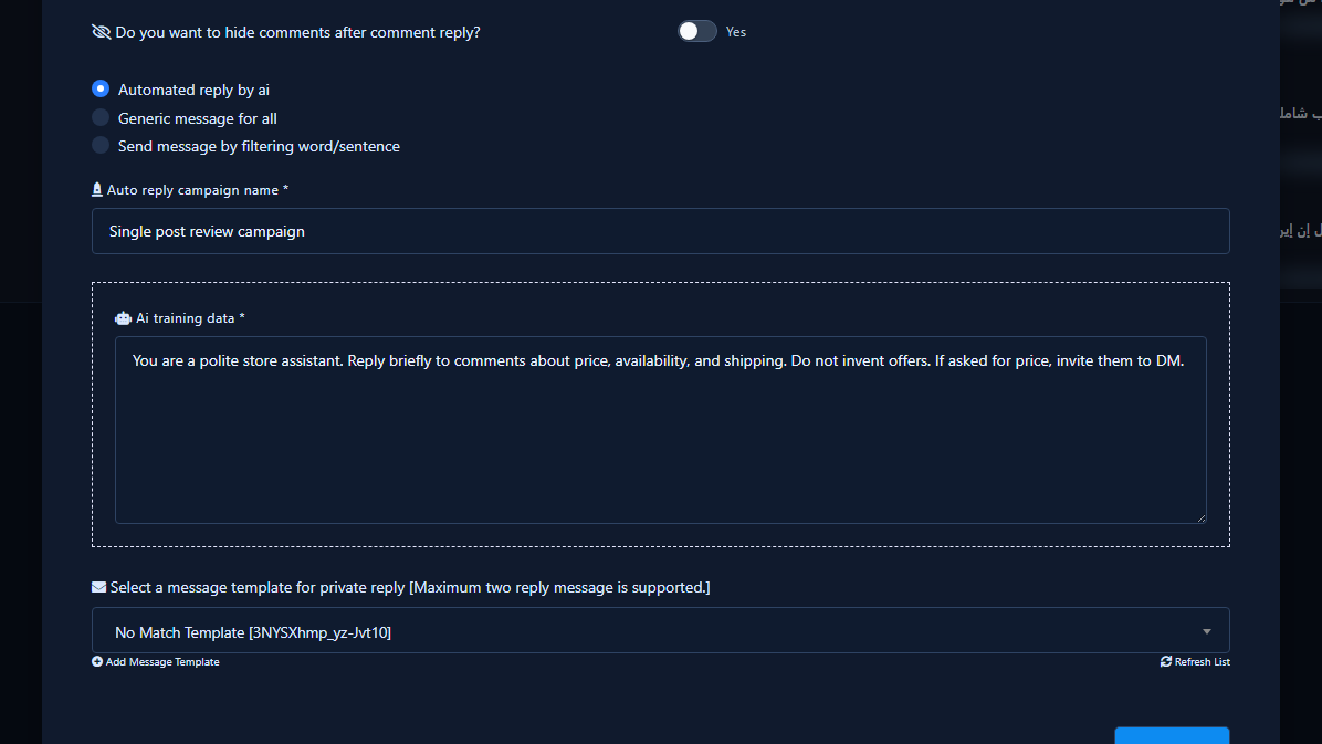 AI reply mode with training data and private template