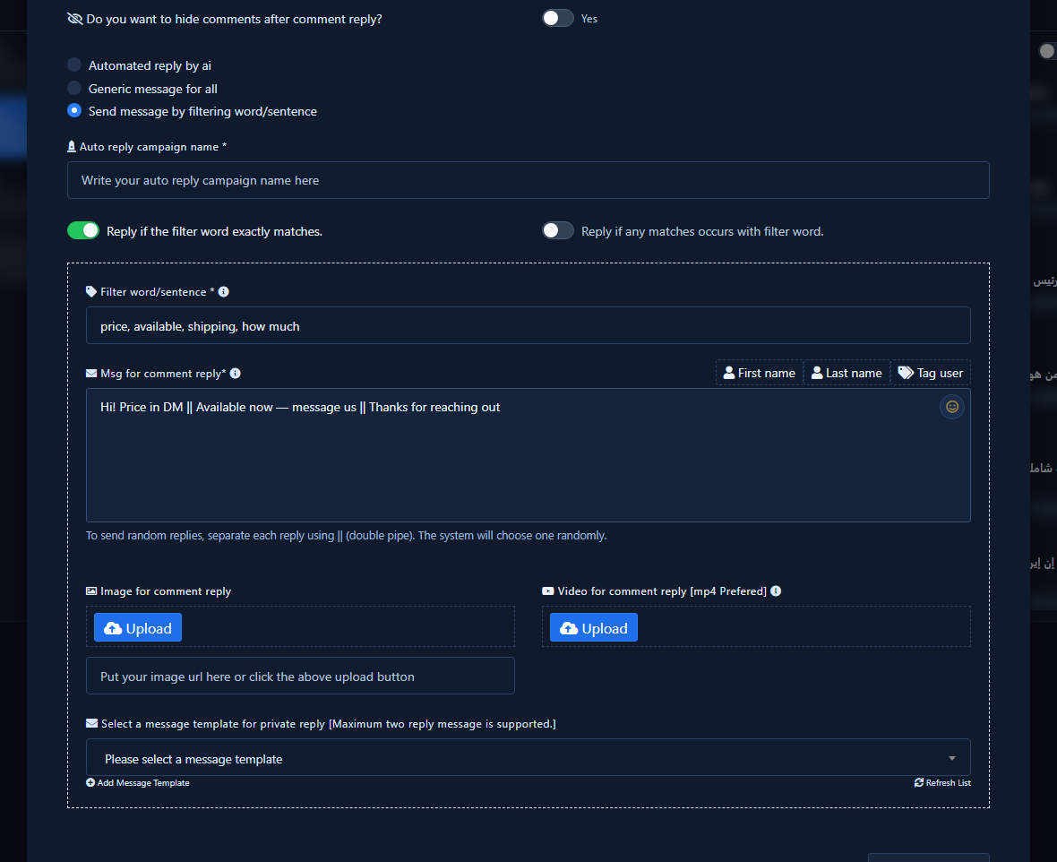 Filter mode with keywords and || replies