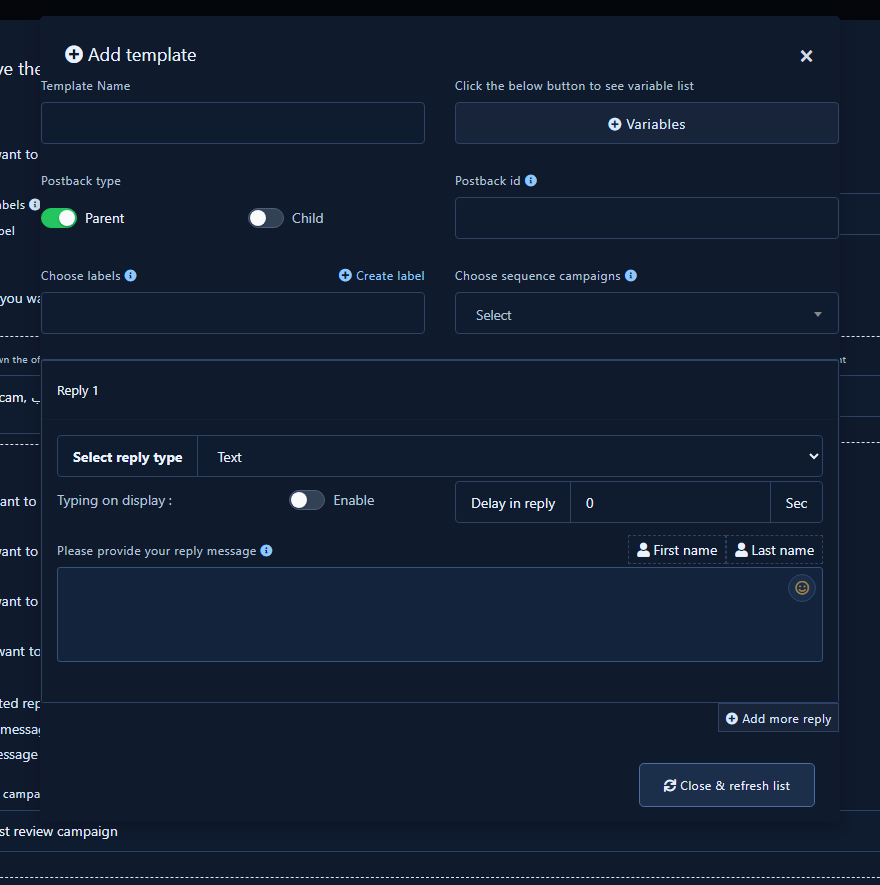 Add Template modal for private reply
