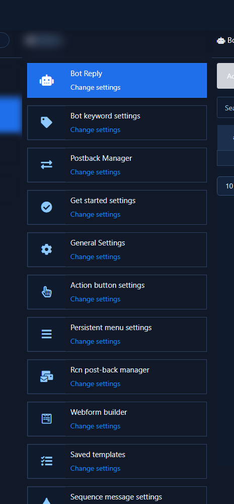 Bot manager with page list and Get started settings card
