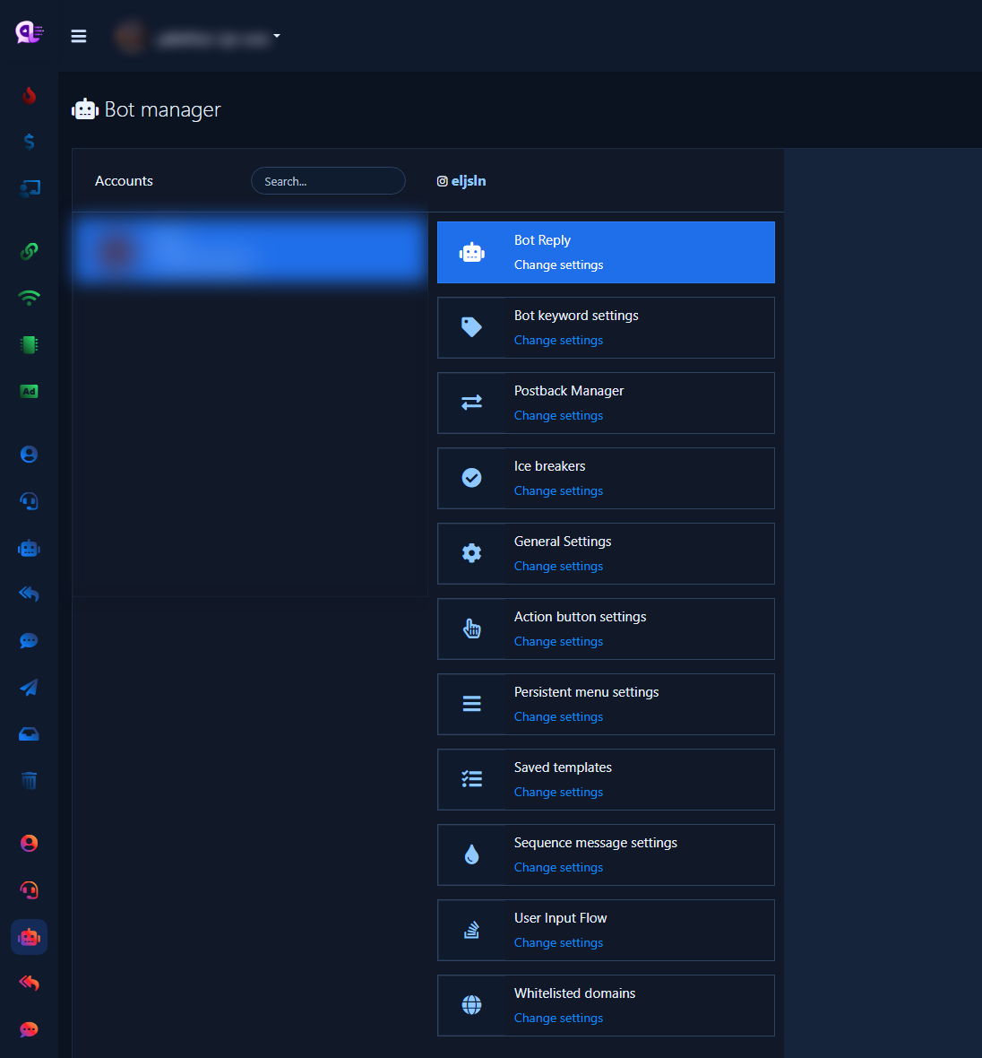 Instagram Bot Manager with Accounts column and settings cards