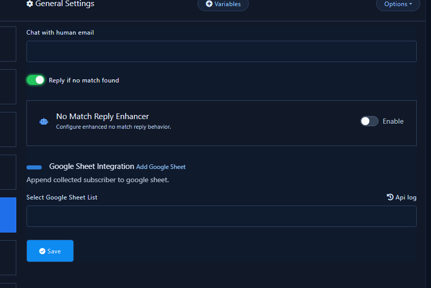 General Settings panel with Reply if no match found enabled