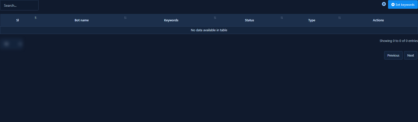Bot Keyword Settings list with Set Keywords button