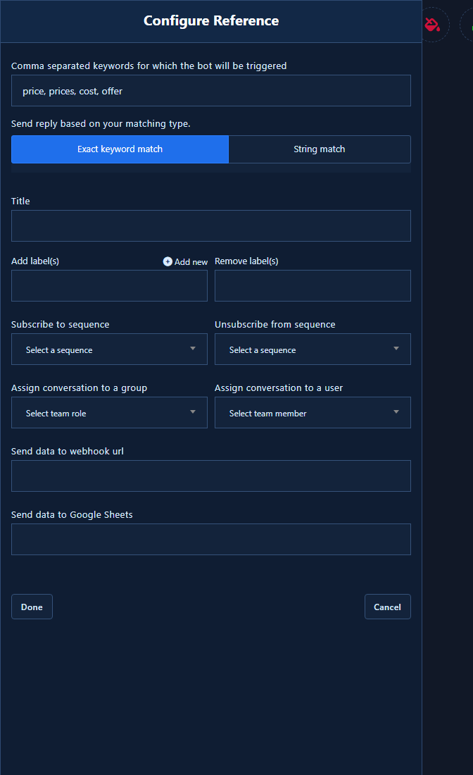 Configure Reference panel with price keywords and match type