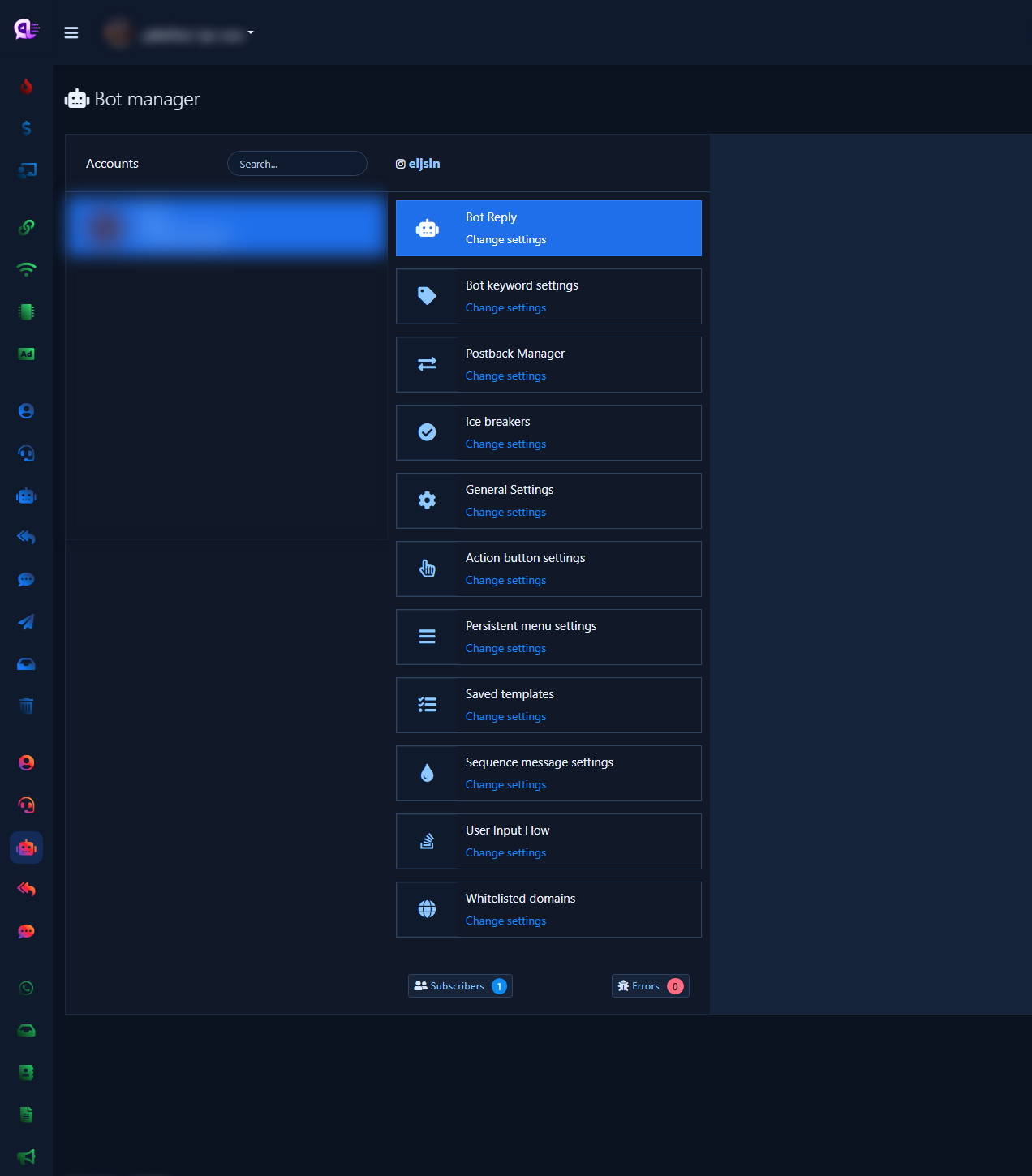 Accounts column and every Instagram Bot Manager card
