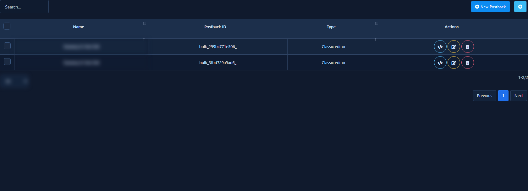 Postback Manager template list open