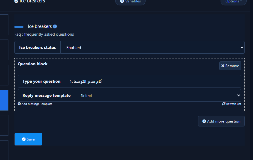 Ice breakers panel with Enabled status and question blocks