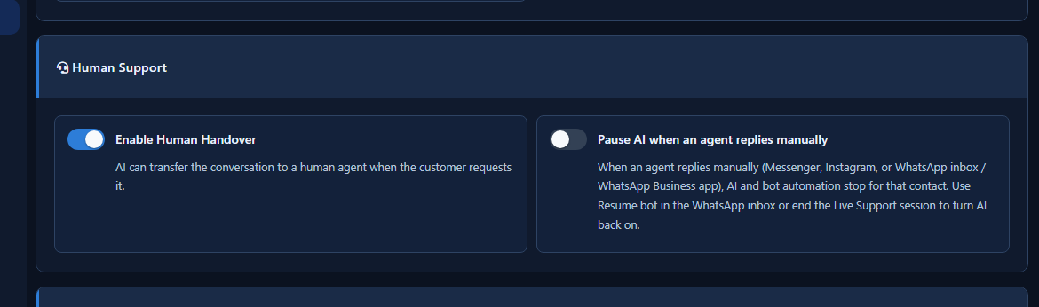 Human Support card — transfer toggle and stop-AI-on-manual-reply