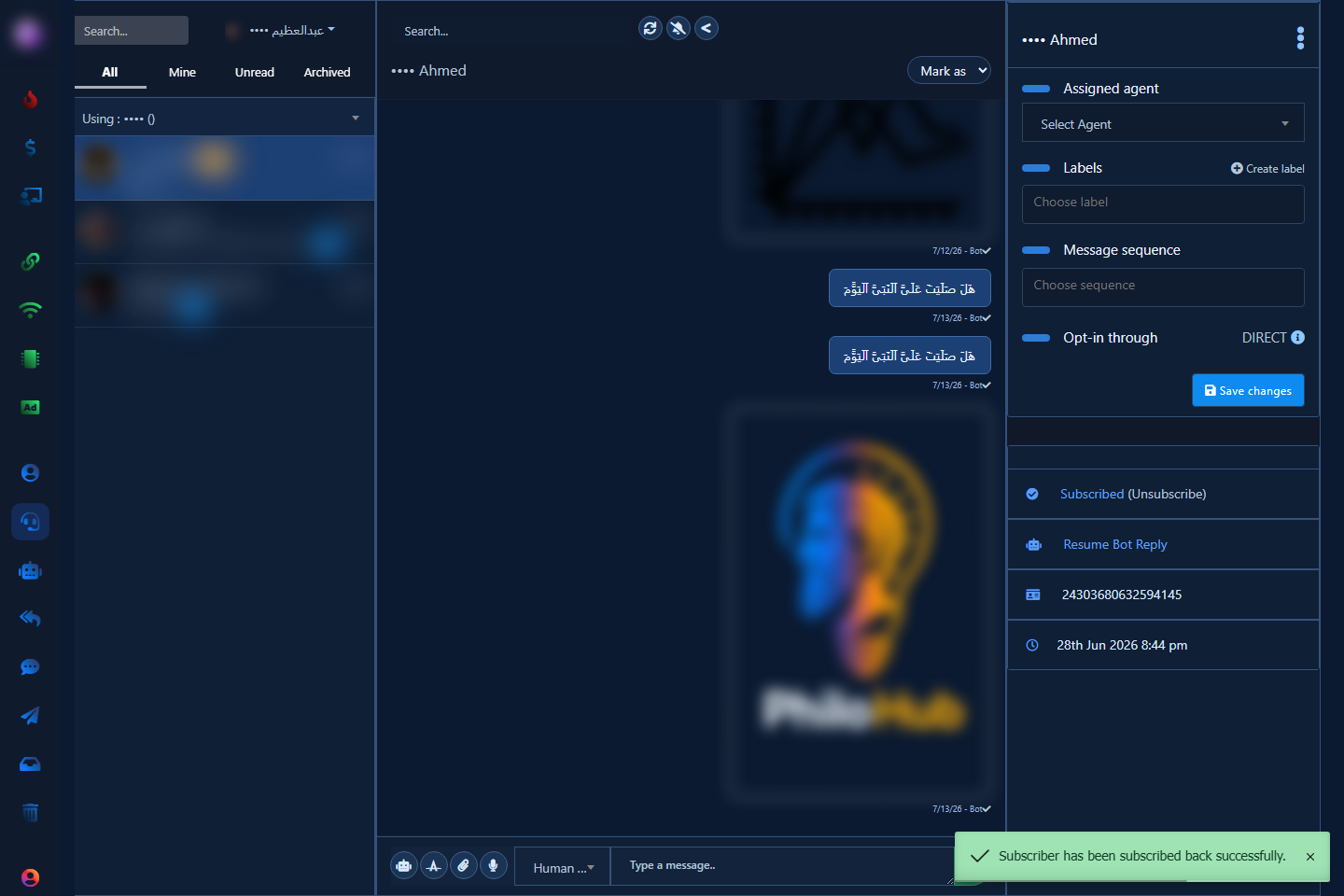 Live Chat — assignee, labels, and resume-bot beside the thread