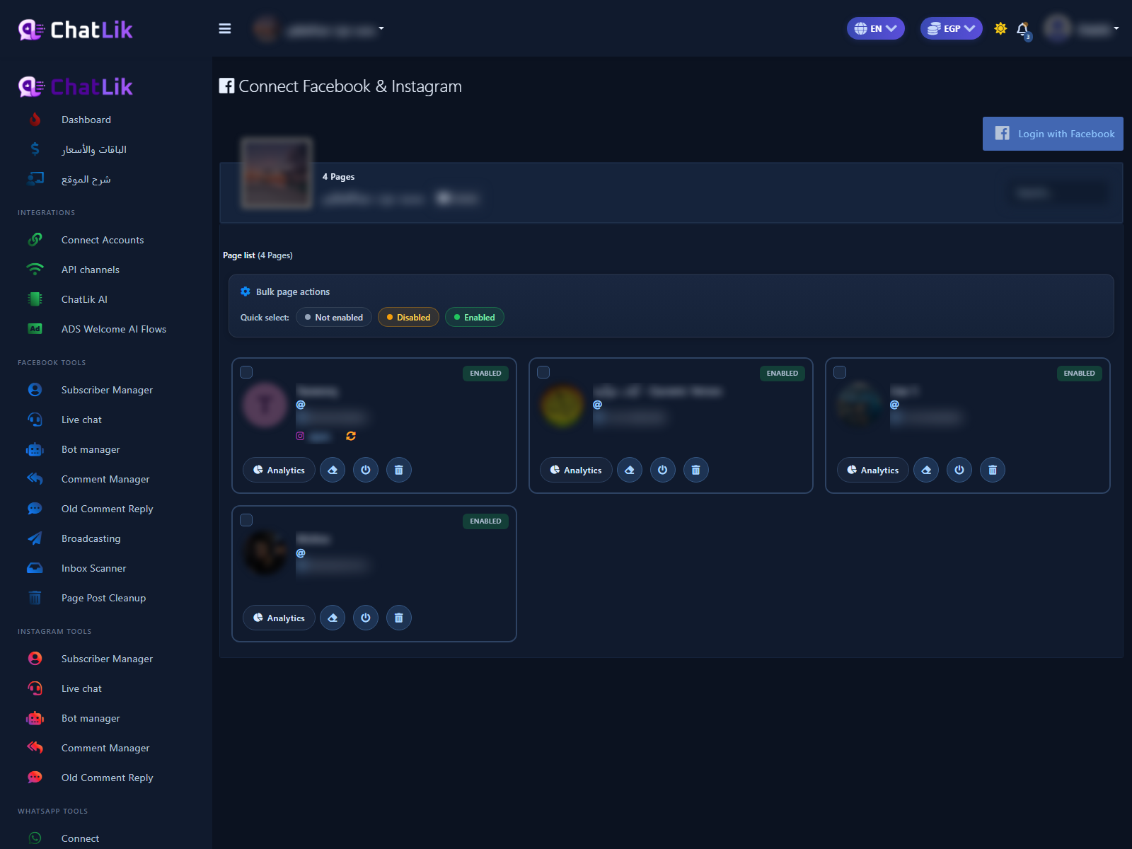 Connect Accounts with Page list and Enable Bot Connection