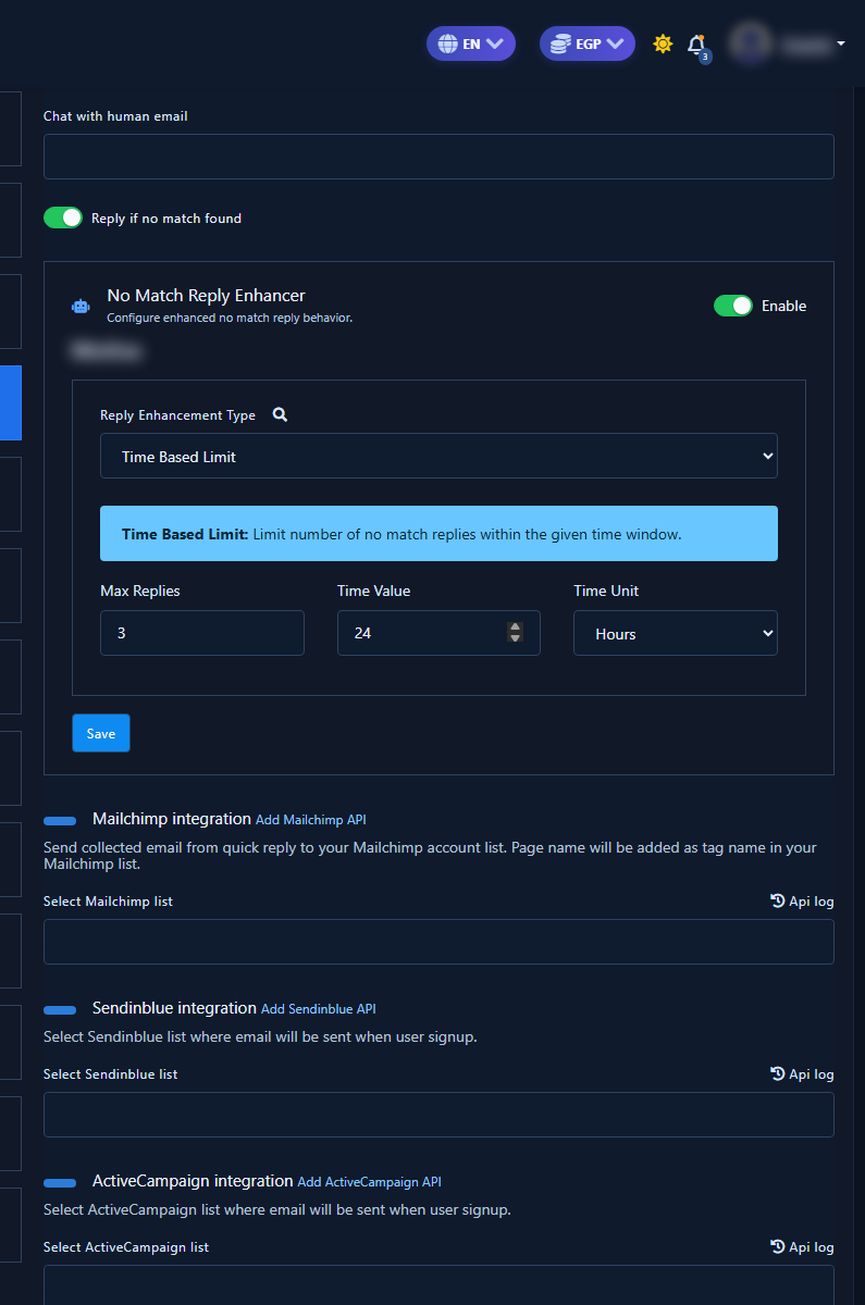 General Settings open with Reply if no match found