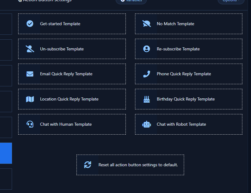 Action Button Settings template grid open for Messenger