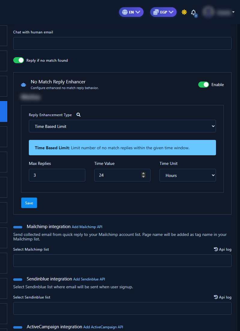 General Settings with Reply if no match found and No Match Reply Enhancer enabled