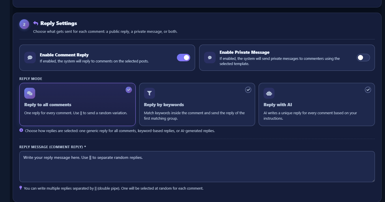 Reply mode cards: all comments, keywords, AI
