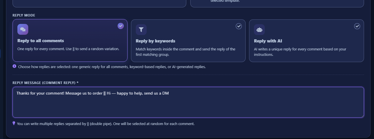 Reply message field filled with two || variants