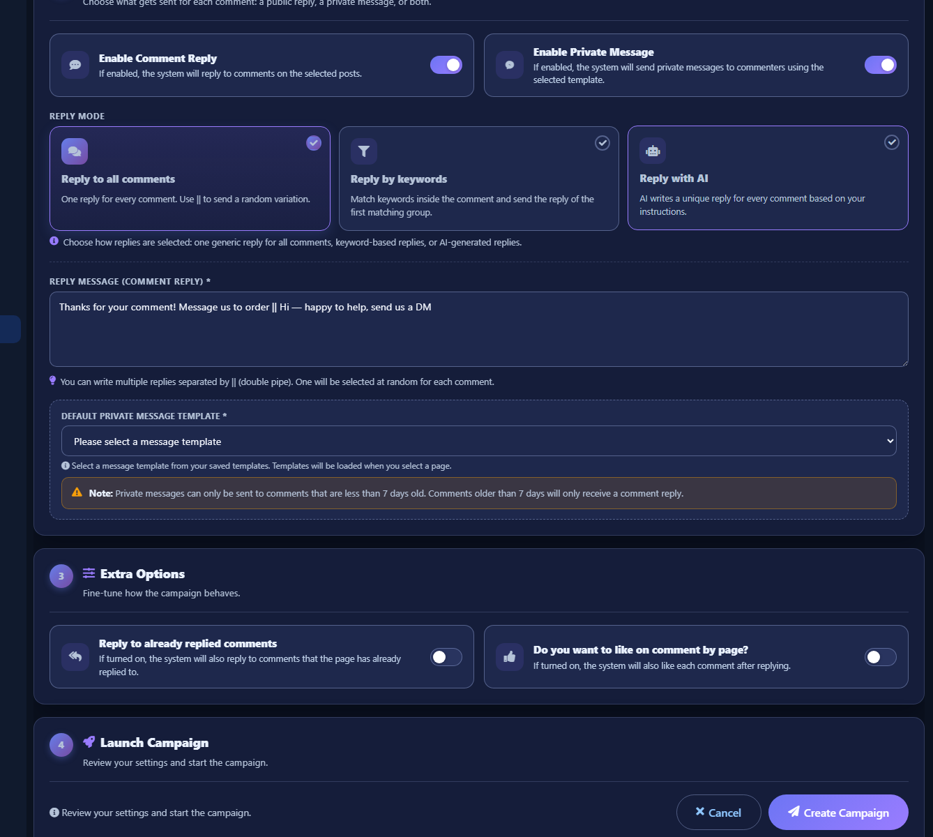 Private message enabled with template and create campaign button