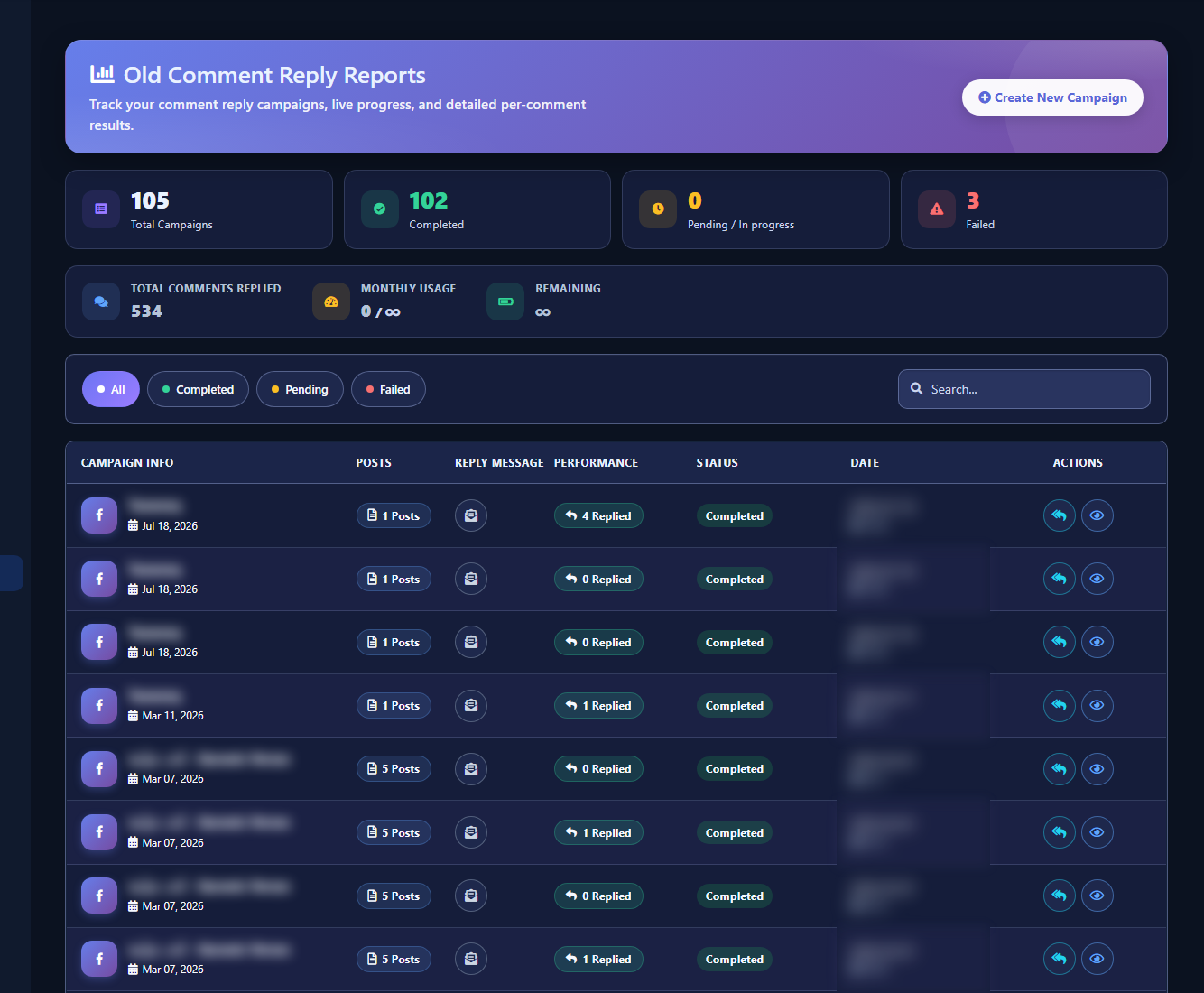 Old Comment Reply Reports screen